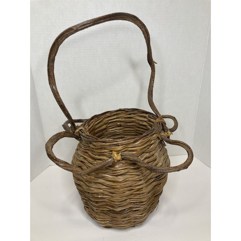 VTG Handmade Rustic Woven Twig Vine Wood Basket Tall Round Primitive Kitsch